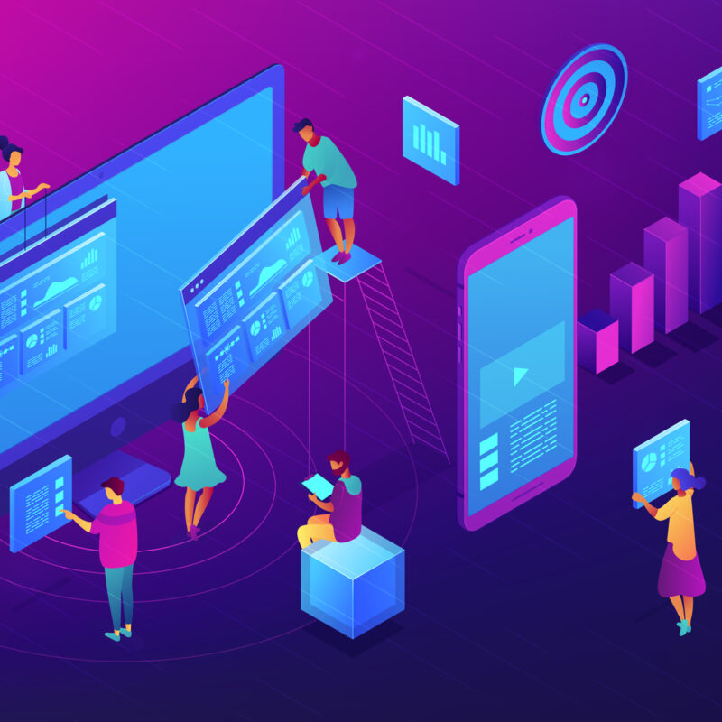 Website Creators working with charts on content marketing illustration. Business, digital content, content strategy and management concept. Ultra violet background. Vector 3d isometric illustration. Website Design.