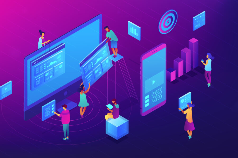 Website Creators working with charts on content marketing illustration. Business, digital content, content strategy and management concept. Ultra violet background. Vector 3d isometric illustration. Website Design.